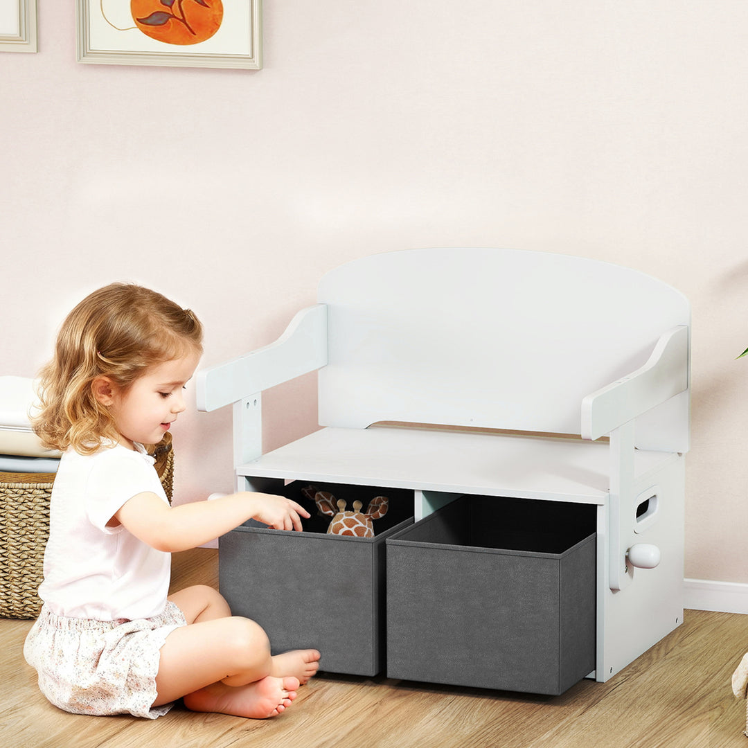 3 in 1 Kids Storage Bench, Convertible Children Table and Chair Set with 2 Fabric Bins, Toy Storage Box