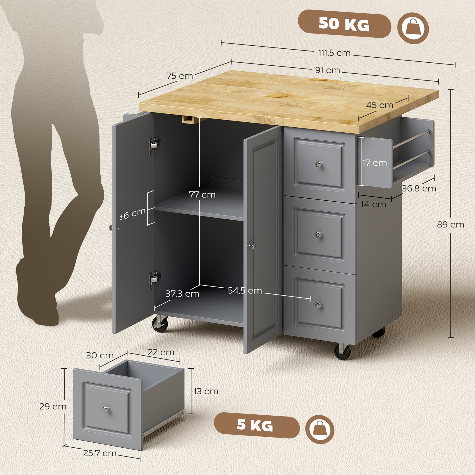 Kitchen Island on Wheels, Rolling Kitchen Storage Trolley with Drop Le