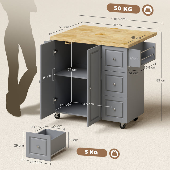 Kitchen Island on Wheels, Rolling Kitchen Storage Trolley with Drop Le