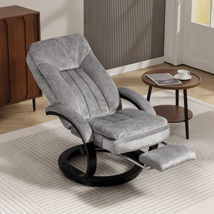 MCL Swivel Recliner Chair with Footrest, Manual Recliner Armchair with Wooden Base, Plush Velvet Upholstered Reclining Chair for Living Room, Bedroom, Office, Grey