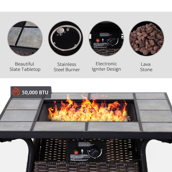 Outsunny Square Outdoor PE Rattan Fire Pit Table Gas Burner Heater w/ Control Panel, Slate Top, Lid and Lava Rocks, 50,000 BTU