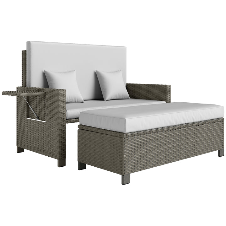 Rattan Day Bed, with Footstool - Light Grey
