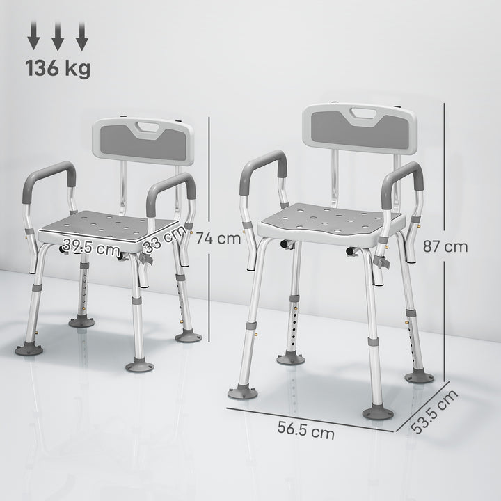 HOMCOM EVA Padded Shower Chair for the Elderly and Disabled, Height Adjustable Shower Stool with Back and Arms, 4 Suction Foot Pads, Light Grey