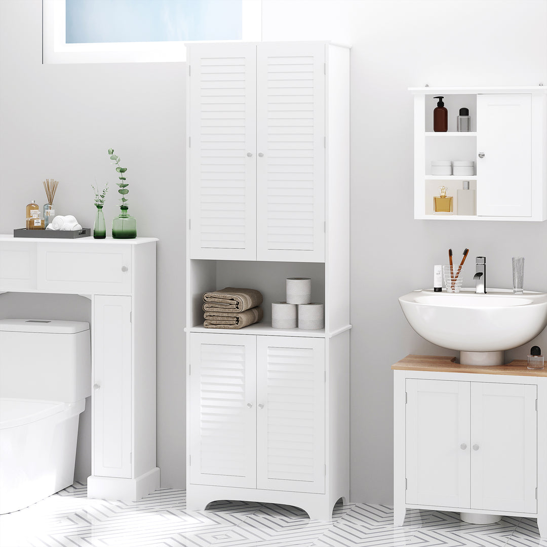 Tall Freestanding Bathroom Cabinet Retro Shutters w/ 3 Compartments Shelves Elevated Base Narrow Organiser White 60L x 30W x 182.5H cm