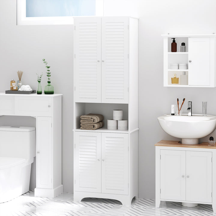 Tall Freestanding Bathroom Cabinet Retro Shutters w/ 3 Compartments Shelves Elevated Base Narrow Organiser White 60L x 30W x 182.5H cm