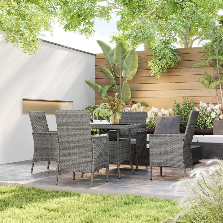 Rattan Garden Furniture Set, Outdoor Dining Table and Chairs 4 Seater with Cushions, Square Tempered Glass Top, 4 Armchairs, for Balcony, Terrace, Conservatory, Grey