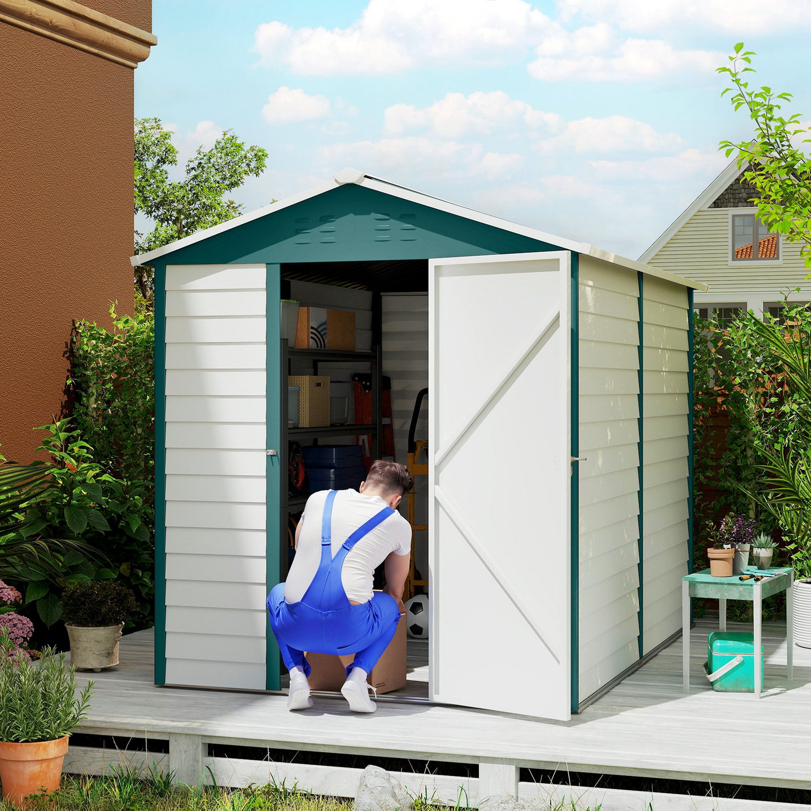 9x 6FT Metal Outdoor Garden Shed, Galvanised Tool Storage Shed w/ Sloped Roof, Lockable Door for Patio Lawn, Green