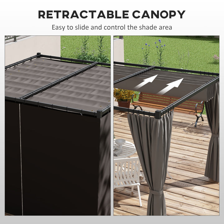 Outsunny 3 x 3(m) Retractable Pergola, Garden Gazebo Shelter with Curtains, for Grill, Patio, Deck, Light Grey