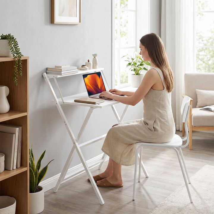 70 cm Folding Computer Desk with Monitor Shelf - White