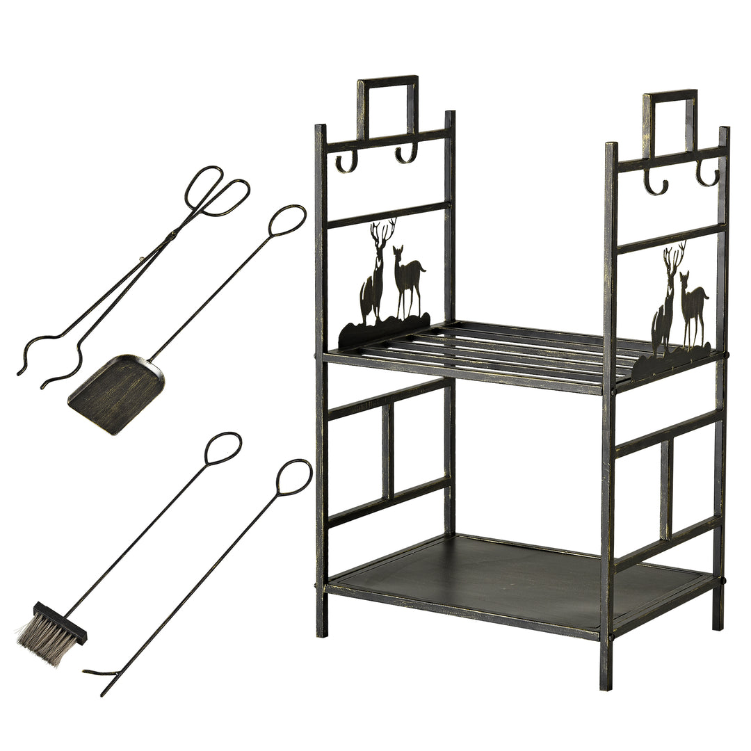 Metal Firewood Log Holder 2 Tier Firewood Rack Indoor Outdoor Fireplace Wood Storage Shelf with 4 Tools, Hooks, Elk Shape Design, Black Gold Tone, 51.5W x 33D x 77H cm
