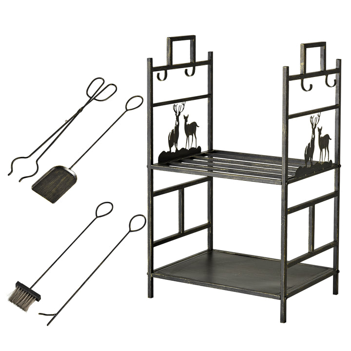 Metal Firewood Log Holder 2 Tier Firewood Rack Indoor Outdoor Fireplace Wood Storage Shelf with 4 Tools, Hooks, Elk Shape Design, Black Gold Tone, 51.5W x 33D x 77H cm