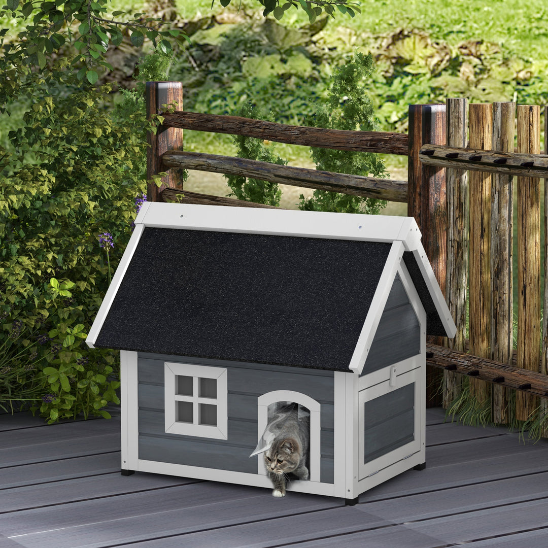 PawHut Outdoor Cat House, Wooden Feral Cat Shelter Waterproof Hide House with Openable Asphalt Roof and Three Doors, 77 x 57.5 x 68cm, Grey | Aosom UK