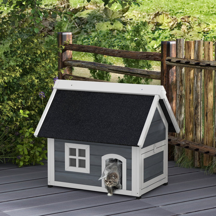 PawHut Outdoor Cat House, Wooden Feral Cat Shelter Waterproof Hide House with Openable Asphalt Roof and Three Doors, 77 x 57.5 x 68cm, Grey | Aosom UK