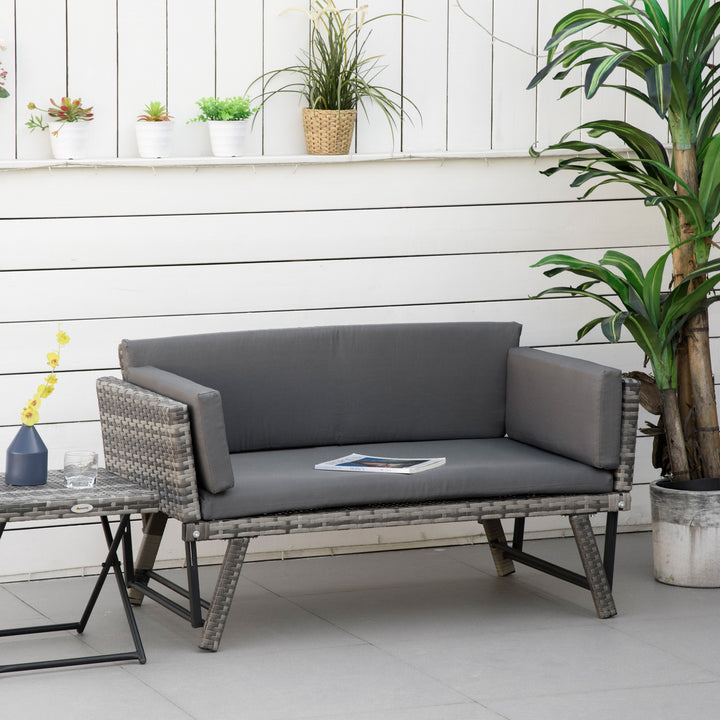 MCL 2 Seater Rattan Sofa with Cushions, 2-in-1 PE Rattan Daybed Sofa with Left Up or Down Armrests, Garden Chaise Lounger Loveseat for Outdoor, Patio, Mixed Grey