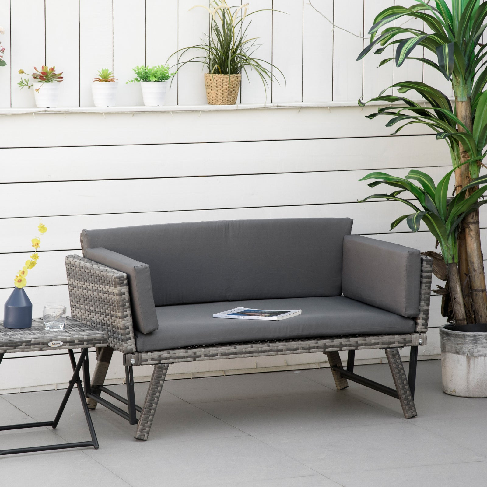 2 Seater Rattan Sofa with Cushions, 2-in-1 PE Rattan Daybed Sofa with Left Up or Down Armrests, Garden Chaise Lounger Loveseat for Outdoor, Patio, Mixed Grey