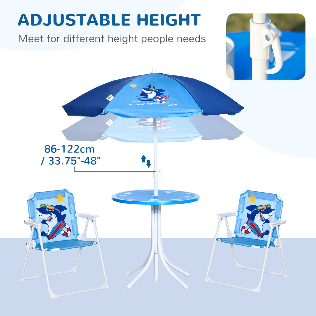 Outsunny Kids Picnic & Table Chair set, Outdoor Folding Garden Furniture w/ Shark Design, Removable, Adjustable Sun Umbrella, Ages 3