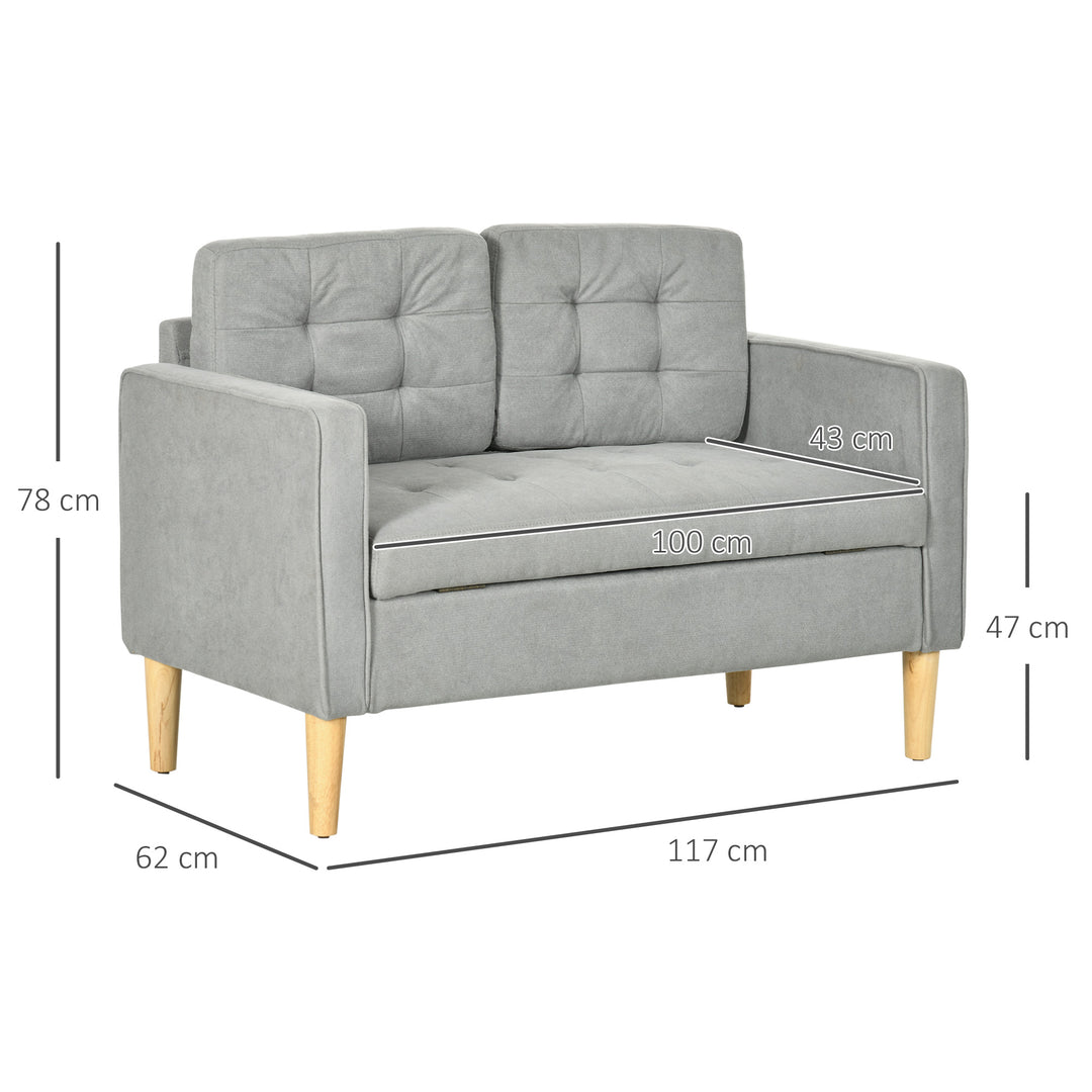 Modern 2 Seater Sofa with Hidden Storage, 117cm Tufted Cotton Couch with Wood Legs, Compact Loveseat for Living Room, Kitchen, Light Grey