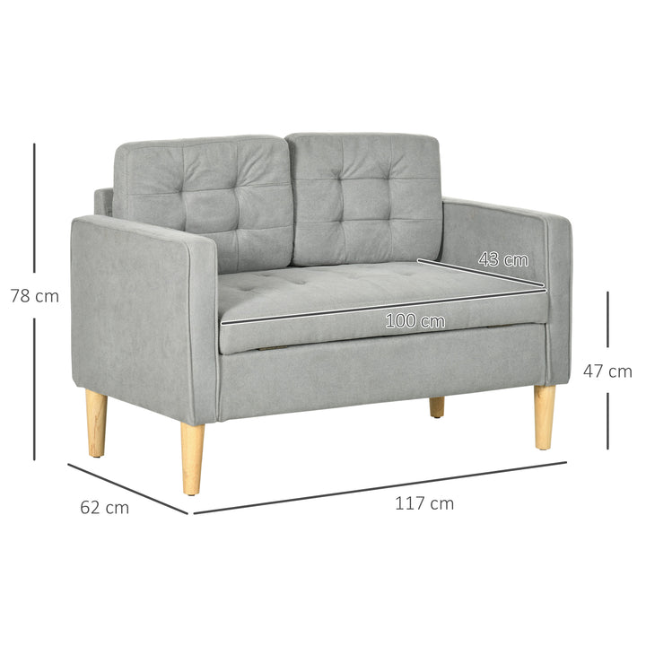 Modern 2 Seater Sofa with Hidden Storage, 117cm Tufted Cotton Couch with Wood Legs, Compact Loveseat for Living Room, Kitchen, Light Grey