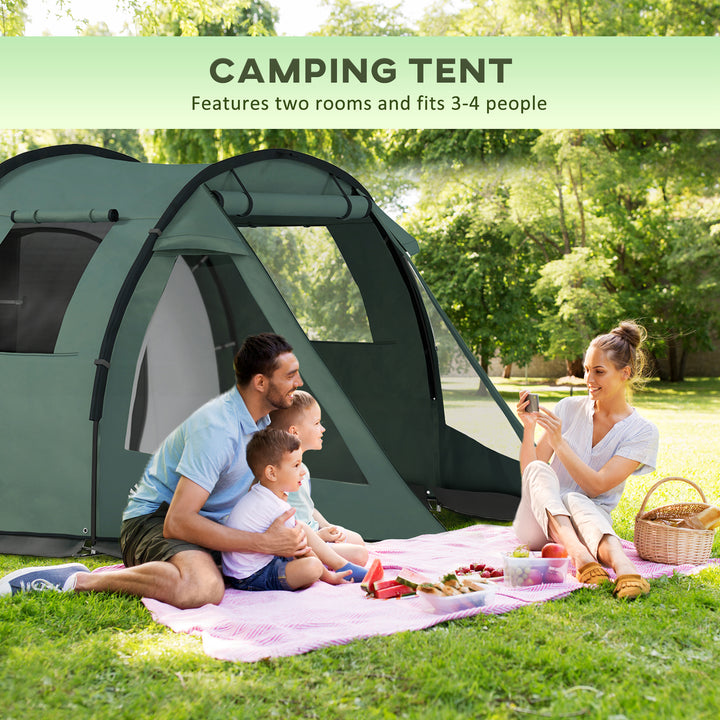 Two Room Tunnel Tent Camping Tent for 3-4 Man with Windows, Covers, Carry Bag, for Fishing, Hiking, Sports, Green