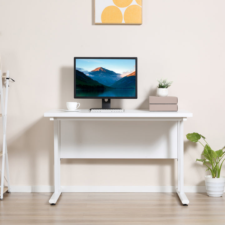 Computer Desk, Home Office Desk, Writing Table, 120x60x75cm Laptop Workstation with 2 Cable Management Holes, C Shaped Metal Legs for Adults, White