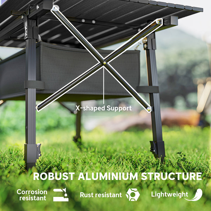 Folding Camping Table, 90 x 55 cm Height Adjustable Portable Collapsible Table, 3ft Lightweight Aluminium Rollup Picnic Table with Storage Basket for Outdoor Garden Party BBQ, Black