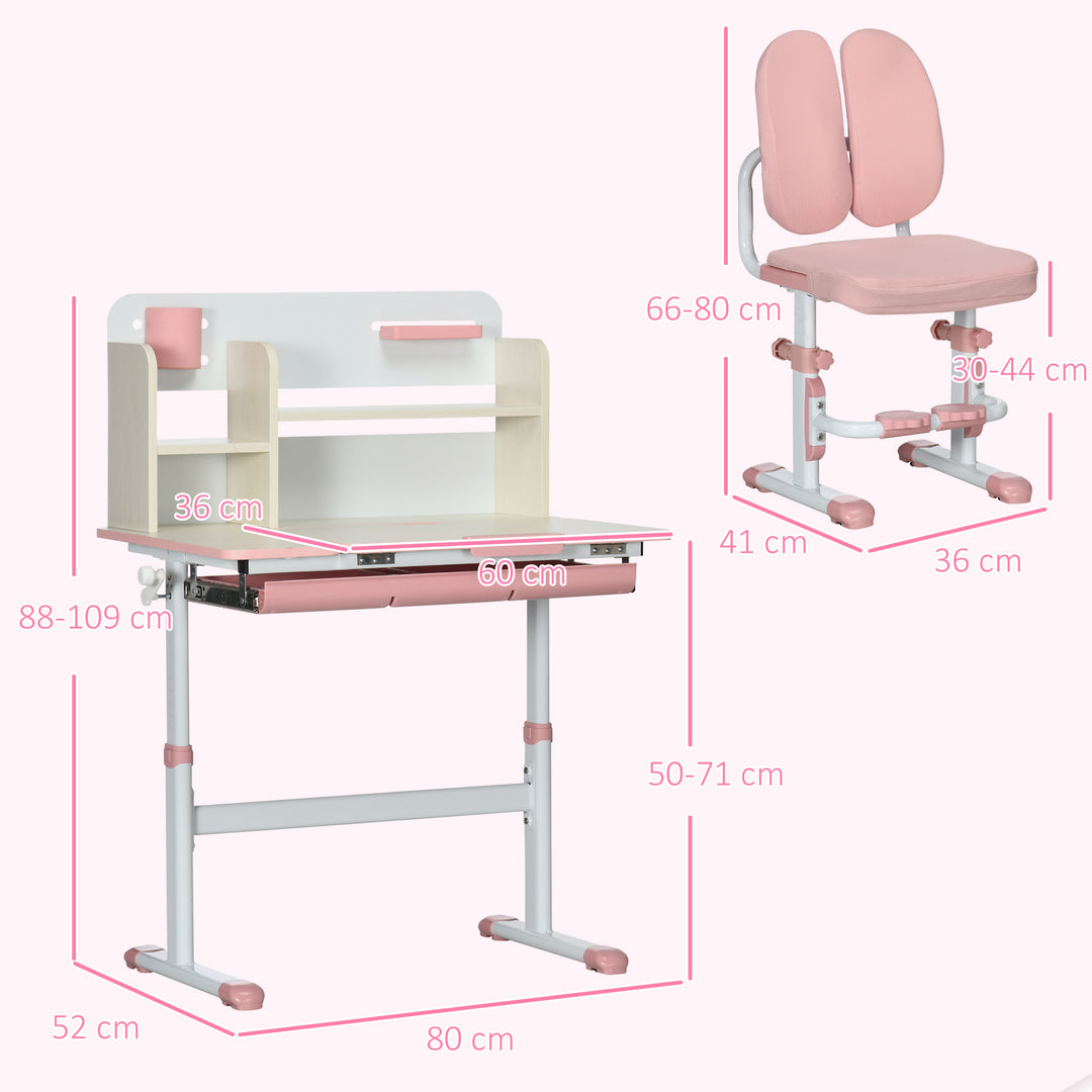 Kids Desk and Chair Set, with Storage Shelves, Washable Cover, for Ages 3-12 Years - Pink