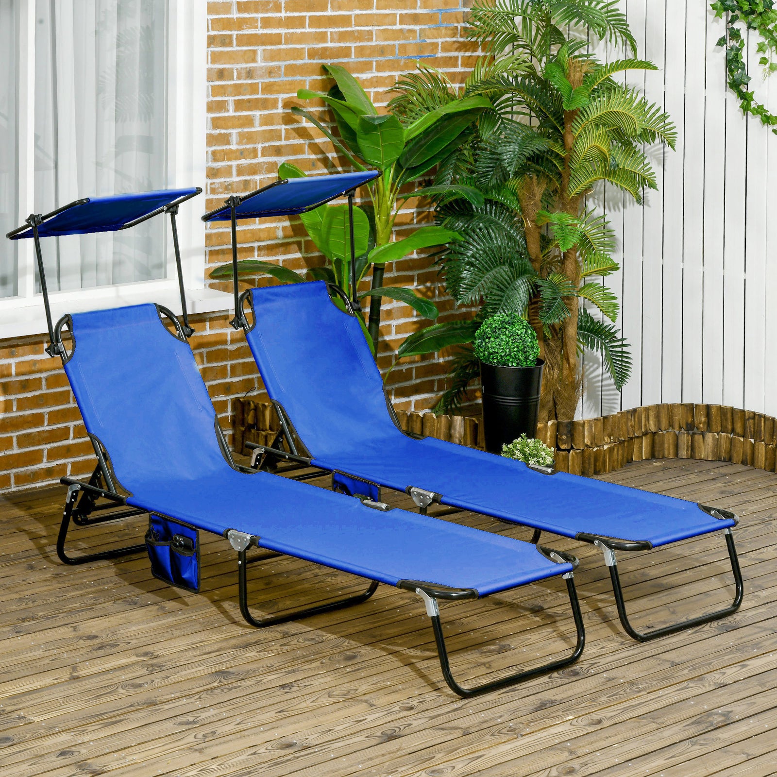 Set of Two Folding Sun Loungers, with Adjustable Backs and Sun Canopies - Blue