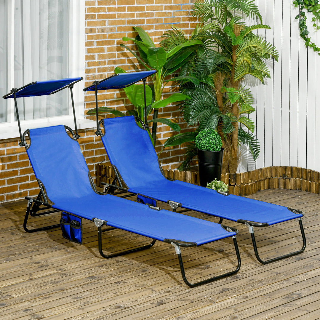 Set of Two Folding Sun Loungers, with Adjustable Backs and Sun Canopies