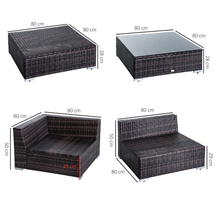 MCL 6 PC Rattan Sofa Coffee Table Set Sectional Wicker Weave Furniture for Garden Outdoor Conservatory w/ Pillow Cushion Brown