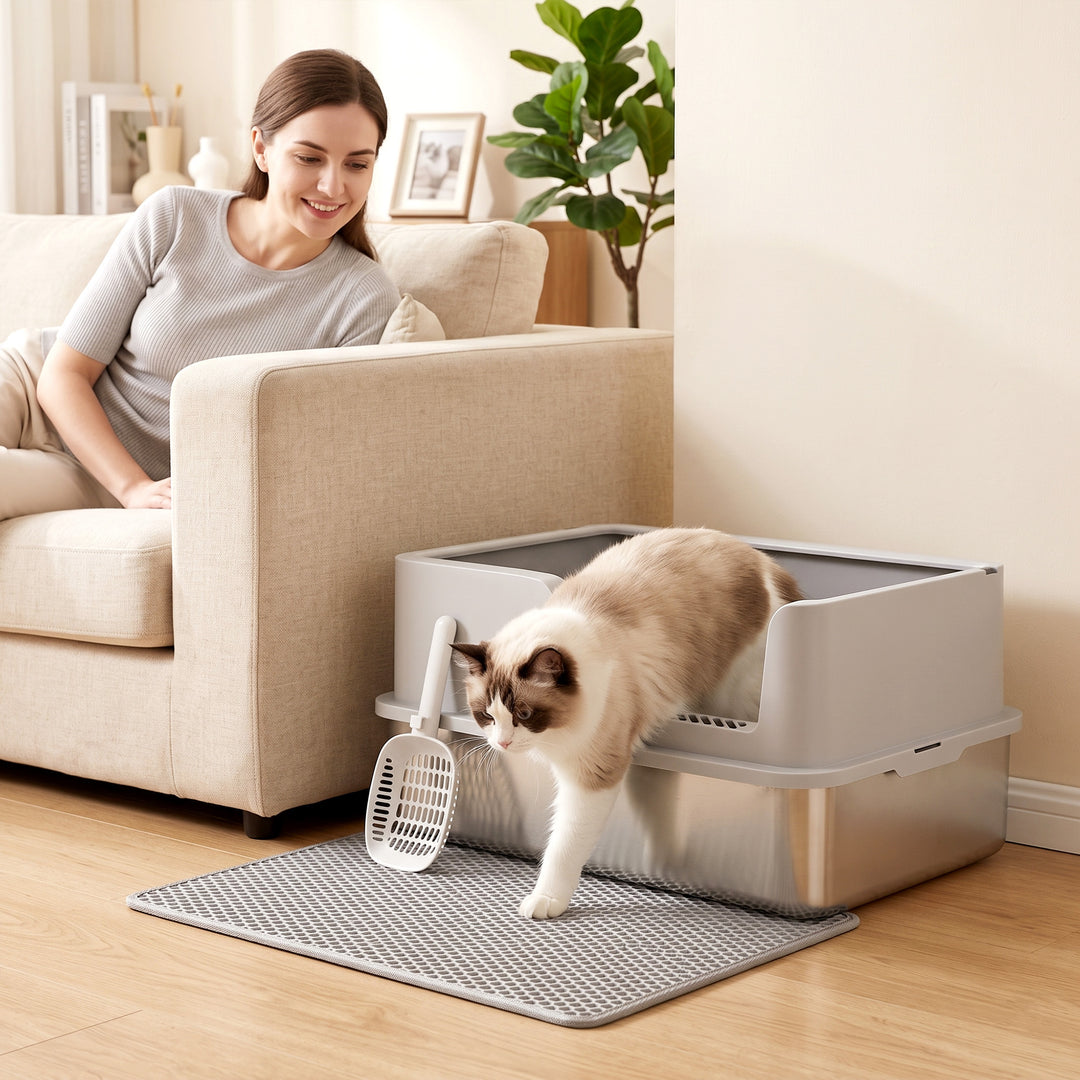 XL Stainless Steel Cat Litter Tray with Lid, High Sided Cat Litter - view 2