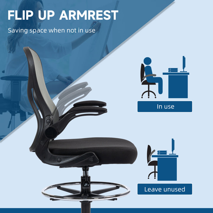 Adjustable Mesh Standing Desk Chair with Flip-up Armrests Lumbar Support Armrests Adjustable Footrest Ring, Dark Grey