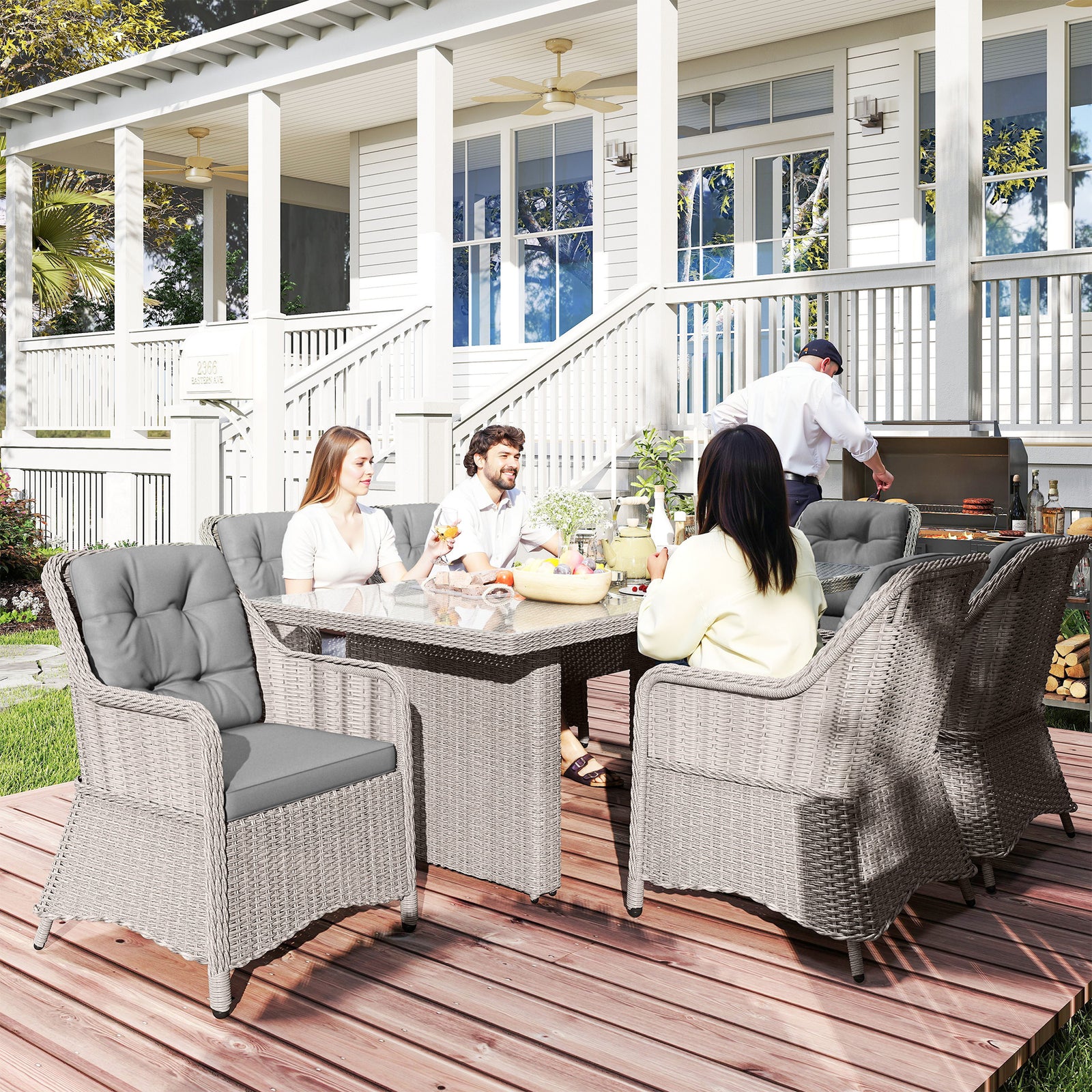 Seven-Piece Rattan Dining Set - Mixed Grey