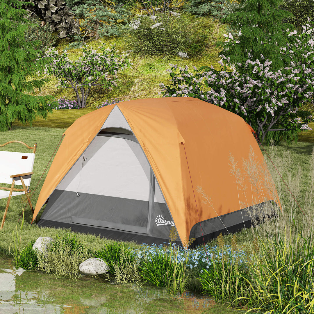 3-4 Person Camping Tent, Easy Set Up Waterproof Dome Tent with Sewn-in Groundsheet, Mesh Windows, Pocket and Hook for Camping, Hiking, Backpacking, Orange and Grey