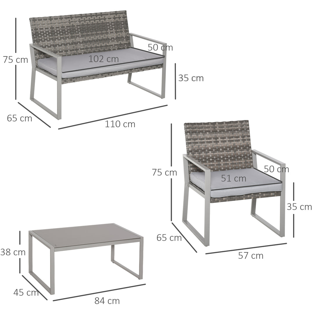 4PC Rattan Garden Furniture Set 2 Single Sofa Arm Chairs 1 Bench with Cushions & Coffee Table Patio Backyard Wicker Weave