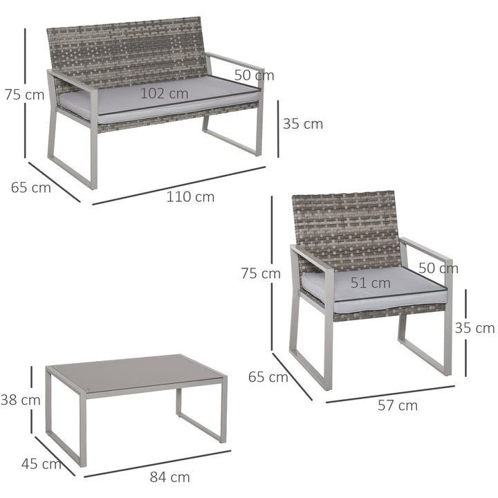 4PC Rattan Garden Furniture Set 2 Single Sofa Arm Chairs 1 Bench with Cushions & Coffee Table Patio Backyard Wicker Weave