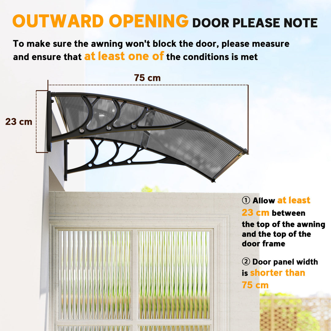 Front Door Canopy Outdoor Awning Aluminium Rigid Plastic Polycarbonate Rain Shelter UV Water Rain Resistant 100 x 75cm Black