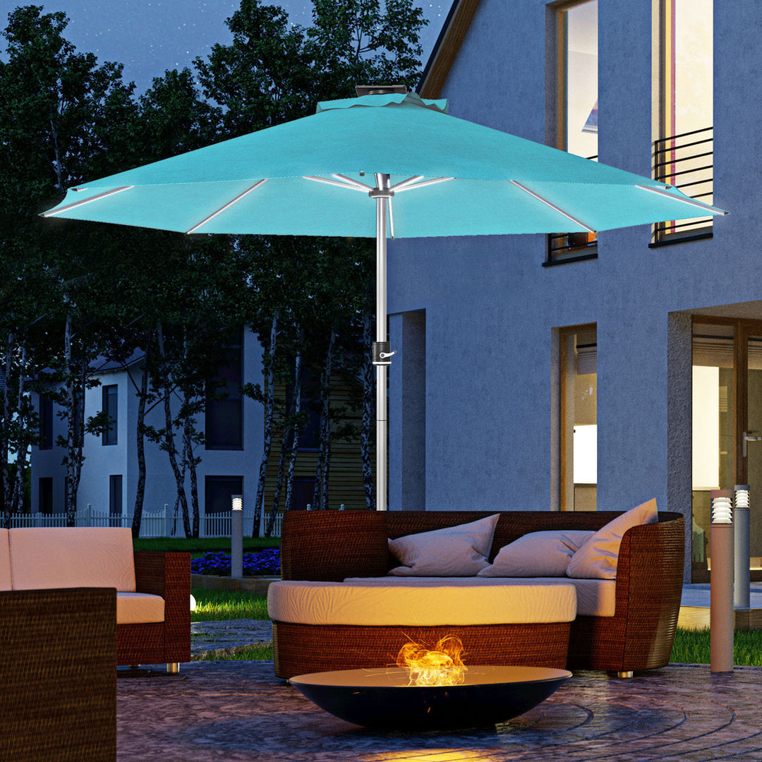 Outsunny Waterproof LED Patio Umbrella, Lighted Deck Umbrella with 4 Lighting Modes, Solar & USB Charging, Blue | Aosom UK