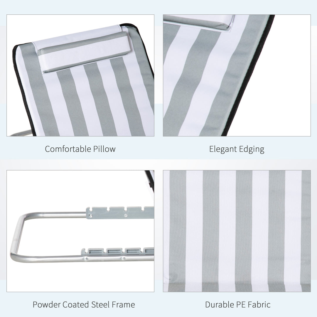 MCL Set of 2 Foldable Garden Beach Chair Mat Lightweight Outdoor Sun Lounger Seats Adjustable Back Metal Frame PE Fabric Head Pillow w/ Carry Bag, Light Grey