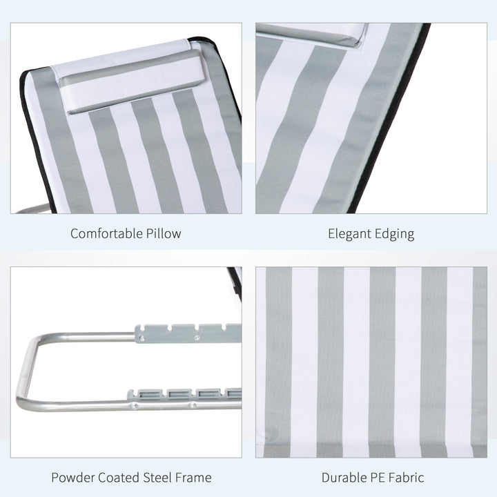 MCL Set of 2 Foldable Garden Beach Chair Mat Lightweight Outdoor Sun Lounger Seats Adjustable Back Metal Frame PE Fabric Head Pillow w/ Carry Bag, Light Grey