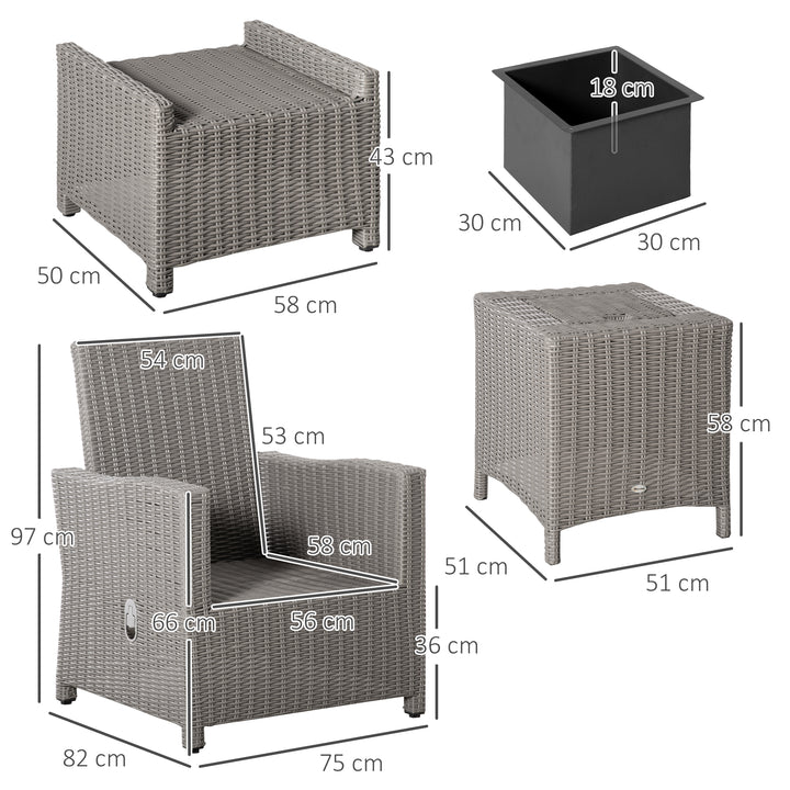 5 Pieces Outdoor PE Rattan Garden Furniture with Cushions, Patio Lounge Adjustable Backrest Chairs, Footstools and Cooler Bar Coffee Table & Cover, Grey