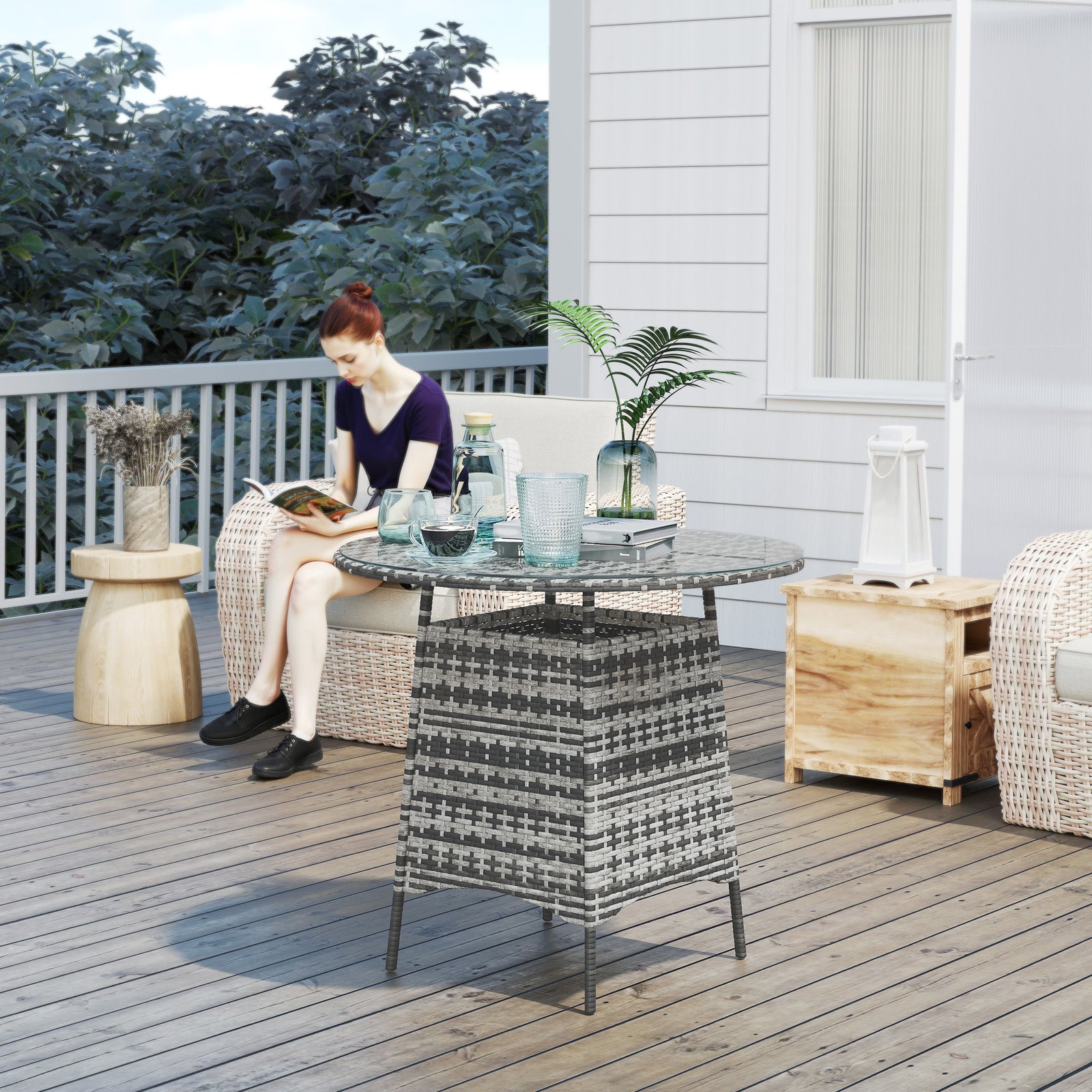 Wicker Garden Rattan Table, Patio Furniture Outdoor Coffee Table with Umbrella Hole and Tempered Glass Top, Grey