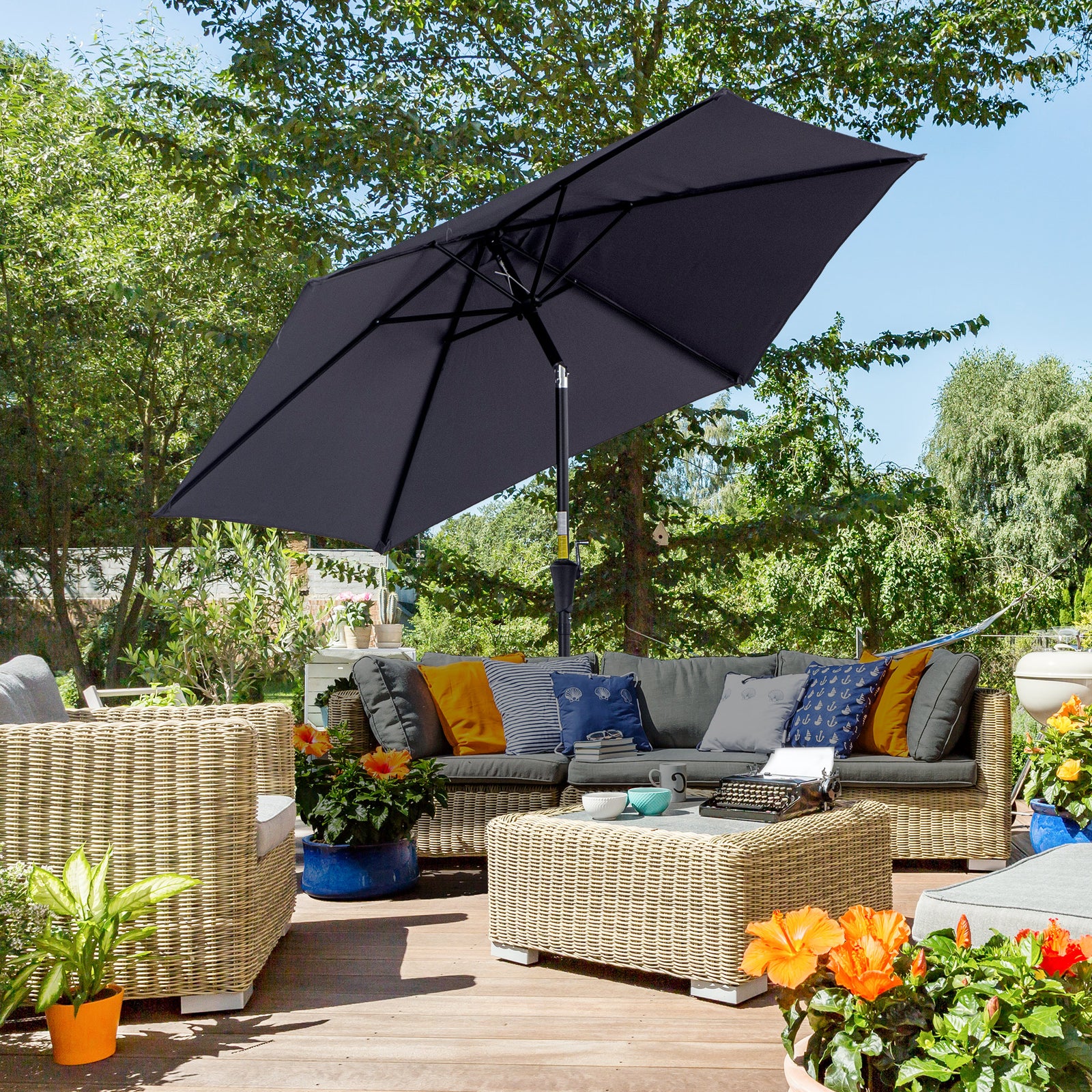 2.6M Garden Parasol Umbrella with Tilt and Crank, Outdoor Sun Parasol Sunshade Shelter with Aluminium Frame, Grey