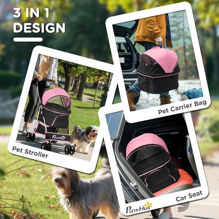 PawHut 3-In-1 Detachable Pet Stroller, Dog Cat Travel Carriage with Foldable Carrying Bag, Universal Wheel Brake, Canopy, Basket, Pink | Aosom UK