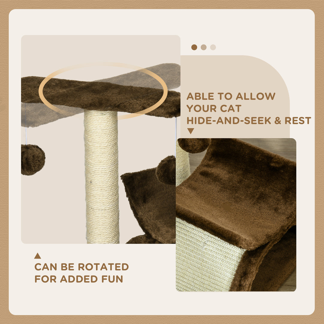 MCL Cat Tree, Cat Tower for Kittens with Rotatable Top Bar, Sisal Scratching Post, Tunnel, Dangling Balls - Brown