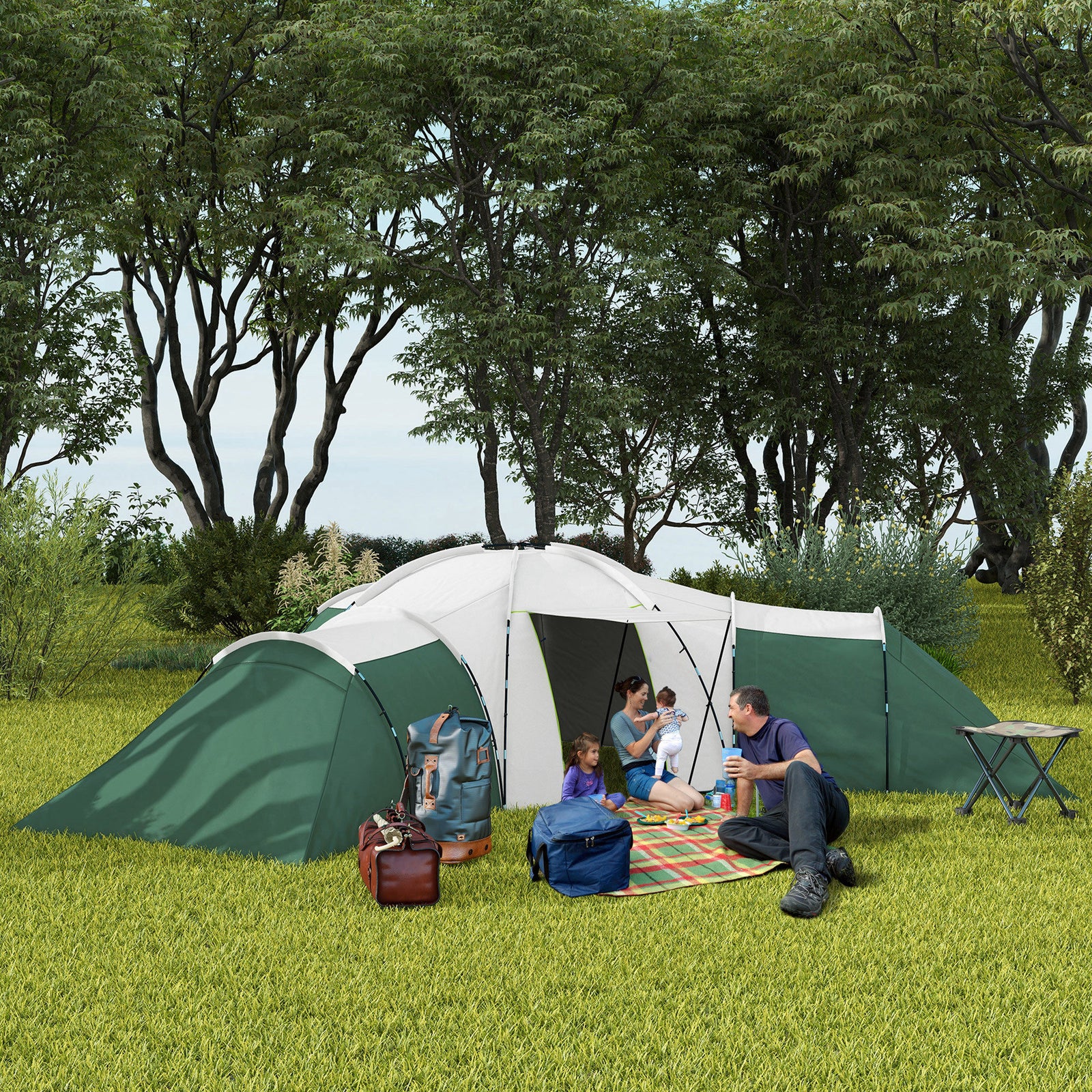 6-9 Man Tent with Bedrooms and Living Room, Accessories Included, Green