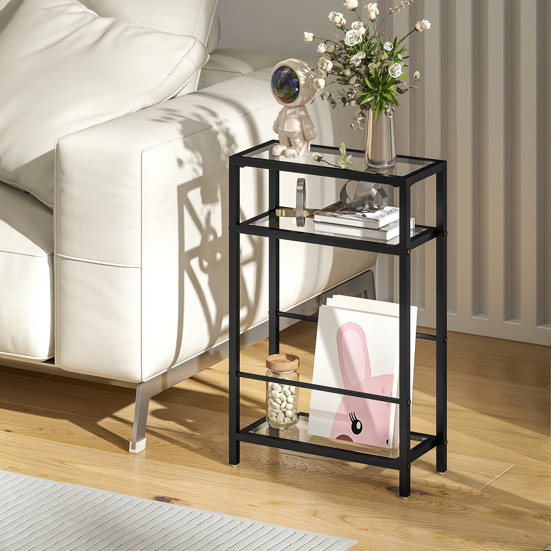 3-Tier Side Table, Narrow End Table with Storage Shelf and Tempered Gl