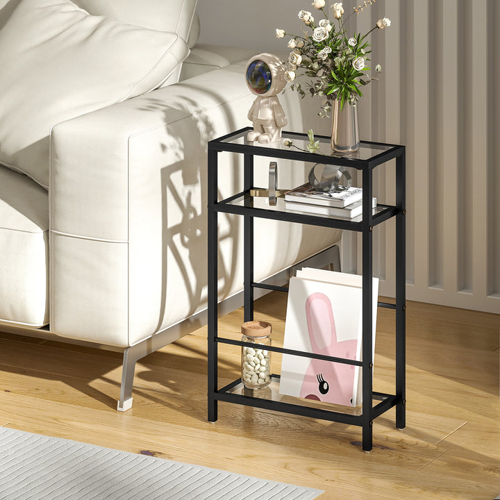3-Tier Side Table, Narrow End Table with Storage Shelf and Tempered Gl