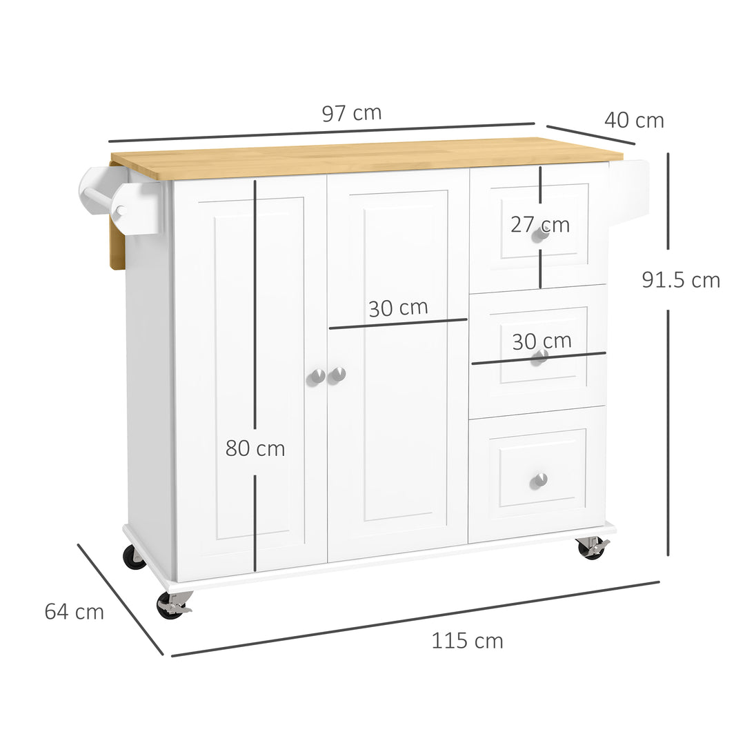 Kitchen Island with Drop Leaf, Rolling Kitchen Storage Trolley on Wheels with 3 Drawers, Spice Rack and Towel Rack, Storage Cart with Rubber Wood Top, White