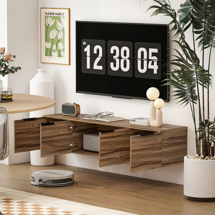 Floating TV Unit, 150 cm Wall Mounted TV Stand Cabinet with Shelves and Doors, Entertainment Media Console for Living Room, Bedroom, Rustic Brown