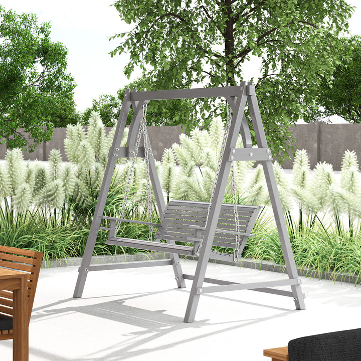 2 Seater Garden Swing Seat, Wooden Swing Chair Bench with Cup Holders for Outdoor Porch Patio, Grey